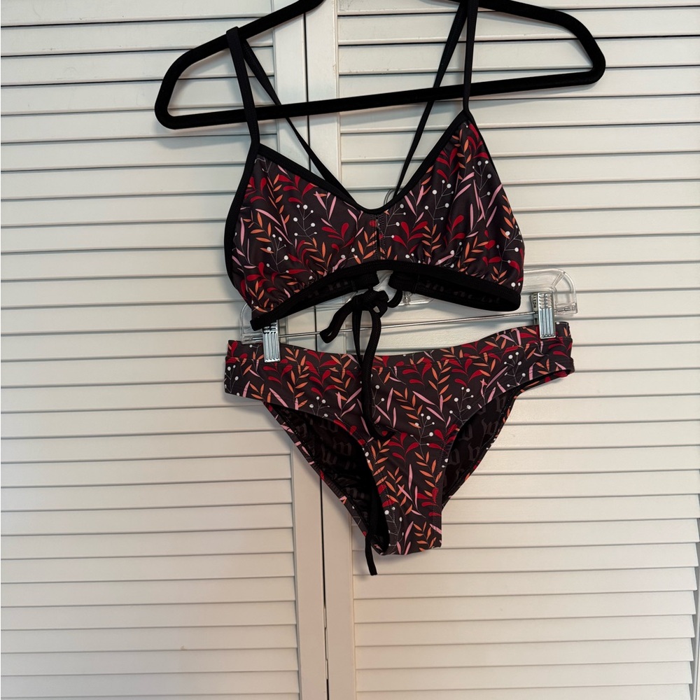Wattie Floral Two-Piece Bikini - Black Base with Red & Orange Accents